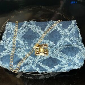 Chic Blue Denim Fringe Quilted Clutch with Gold Chain